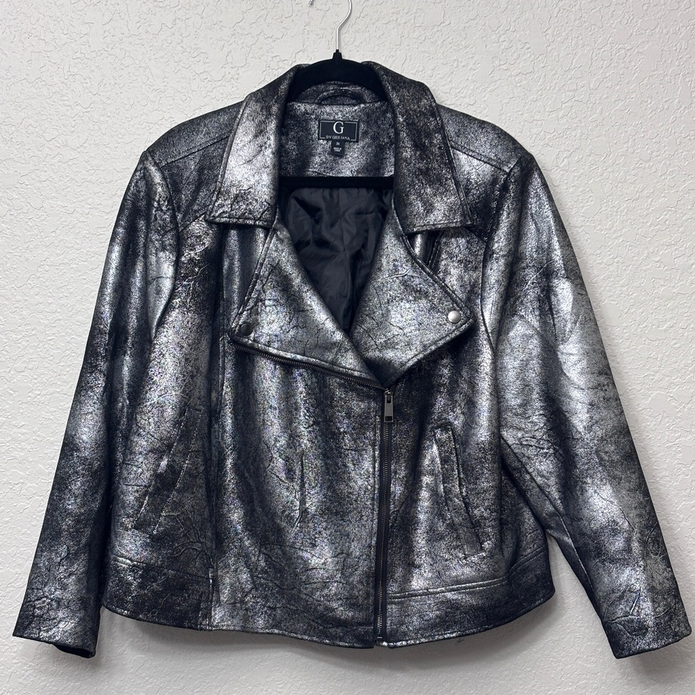 A001- G by Giuliana Metallic Moto Jacket Silver Black Asym Zip Plus Size 3X